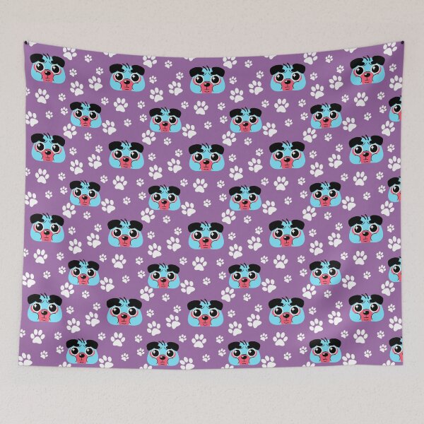 Item preview, purple background with red pink and blue puppy dog  illustrtion pattern looking up spotted cartton white paw  designed and sold by BabyPaws.