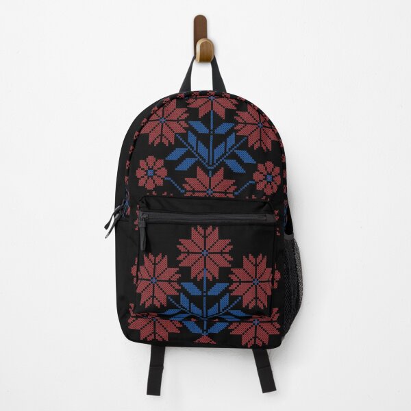 Vista previa del artículo con la obra «Realista Tatreez bordado arte popular palestino flores diseño #9 rojo-azul», diseñado y vendido por QualiTshirt.