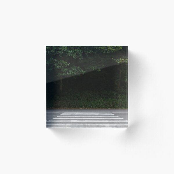 Mystery forest background with road and pedestrian crossing, concept of travel in the middle of nowhere Acrylic Block