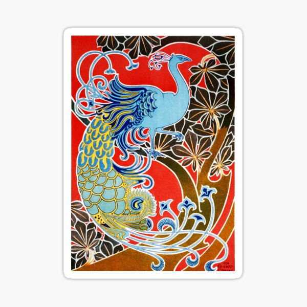 ART NOUVEAU BLUE PEACOCK WITH FLORAL MOTIFS IN RED Sticker