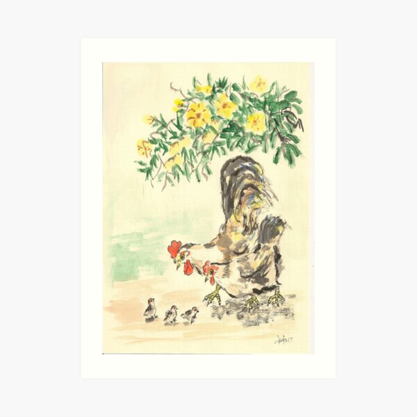 Chickens and Yellow Flowers Art Print