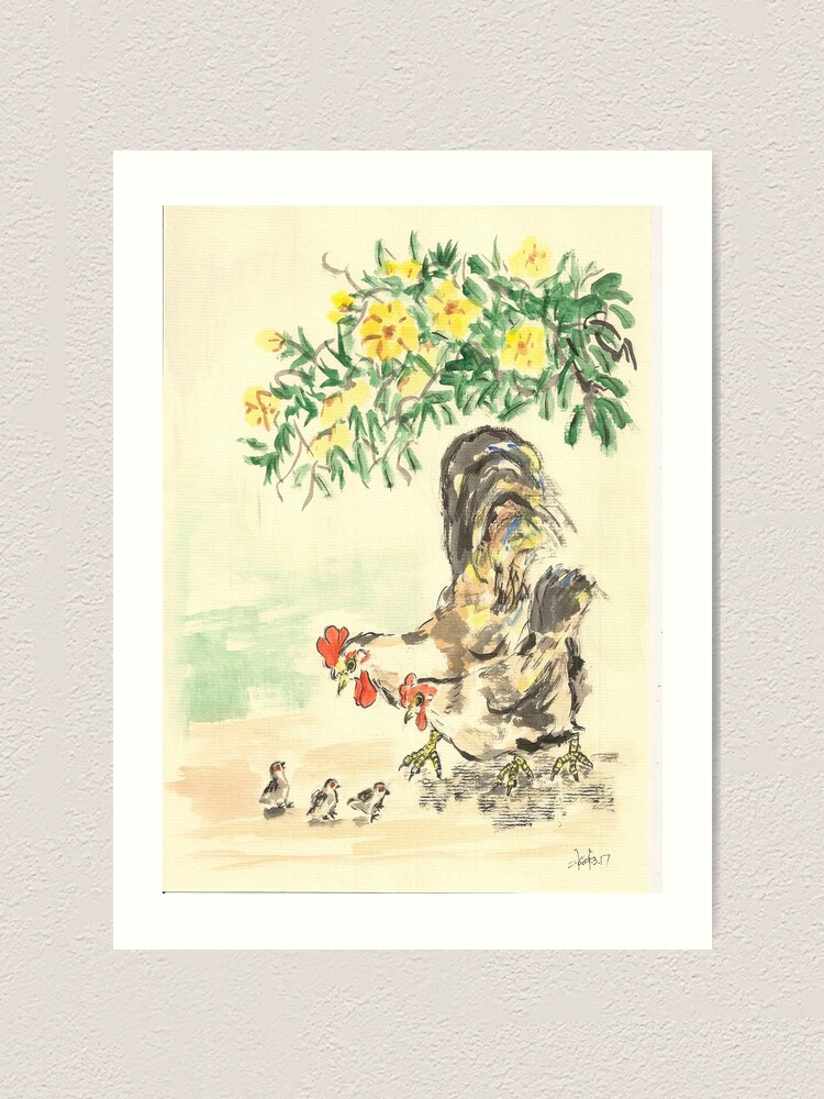 Alternate view of Chickens and Yellow Flowers Art Print