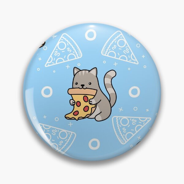 Item preview, pastel sky light bluebackground grey and brown cartoon stripe cat eating munching biting pizza slice with white  pepperoni pattern and circles  designed and sold by BabyPaws.