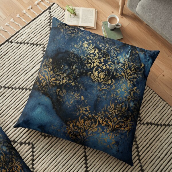 Indigo Blue Shiny Gold Damask Floor Pillow