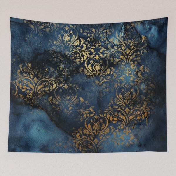 Item preview, Indigo Blue Shiny Gold Damask  designed and sold by MysticMarble.