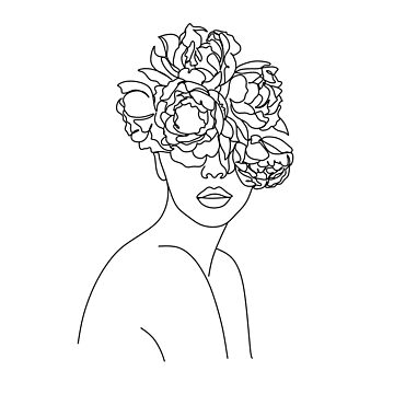 Artwork thumbnail, Flower Head. Peony Face portrait. Woman line drawing. One Line art. female line Art. Minimalist astract black and wite flower girl. Fashion Print by OneLinePrint