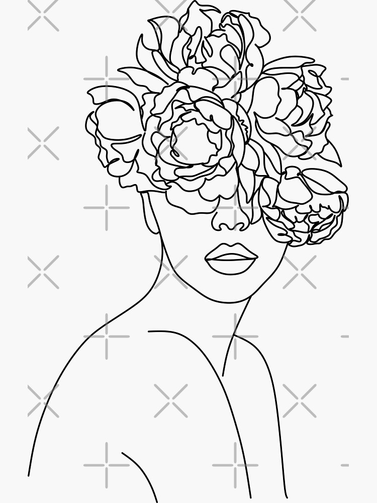 Beauty Woman Face In Leaves Line Art Drawing Set. Woman Head with Flowers  One Line Drawing Prints. Elegant Female Sketch Poster with Minimalist Girl  Portrait Illustration Print. Vector EPS 10 Stock Vector