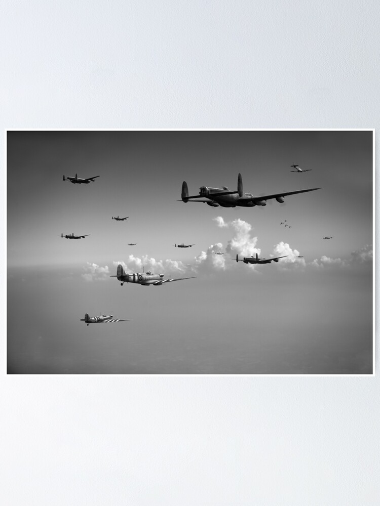 "Spitfires escorting Lancasters black and white version" Poster by