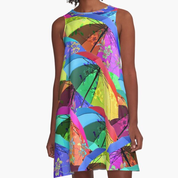 Colorful Floral Umbrellas A-Line Dress