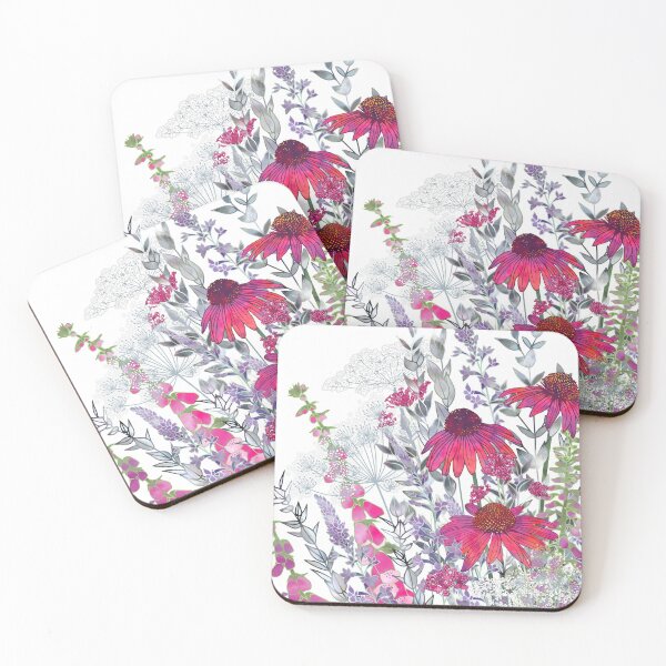 Pink Flower Garden - Echinacea Flowers, Foxgloves & Ammi Coasters (Set of 4)