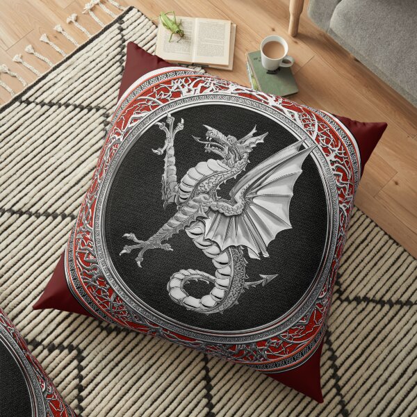 The Great Dragon Spirits - Silver Sea Dragon over Red Velvet Floor Pillow
