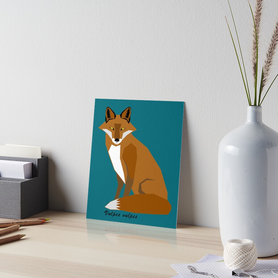 "Red Fox Geometric Art with Scientific Name Text and Teal Background