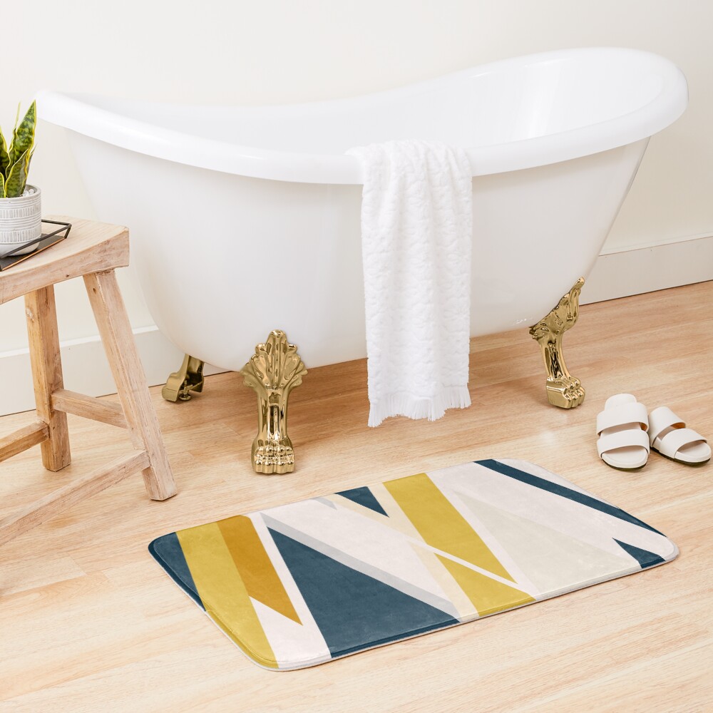 Triangular Abstract II in Mustard Yellows, Navy Blue, and Blush Tones. Minimalist Geometric Bath Mat