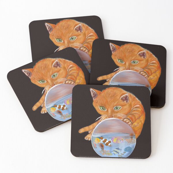 Item preview, Curious kitten with Aquarium Globe - cute ginger cat with Octopus squid and friends  tropical Coral reef fish rainbow coloured / colored   fish and octopus swimming under the sea designed and sold by Artonmytee.