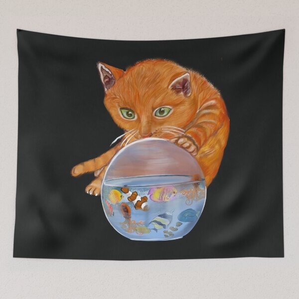 Item preview, Curious kitten with Aquarium Globe - cute ginger cat with Octopus squid and friends  tropical Coral reef fish rainbow coloured / colored   fish and octopus swimming under the sea designed and sold by Artonmytee.