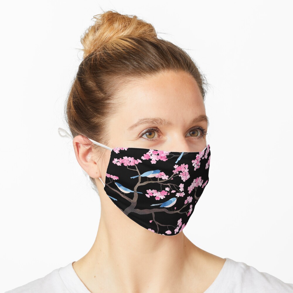 Cherry blossom birds on black Mask