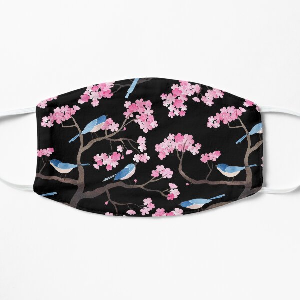 Cherry blossom birds on black Flat Mask