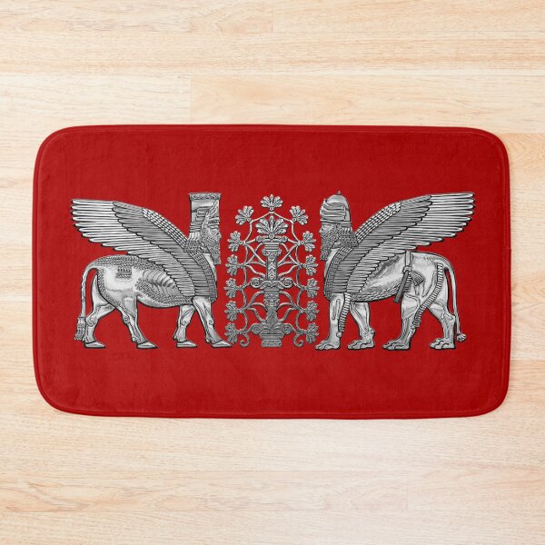 Item preview, Silver Assyrian Winged Lion and Winged Bull - Lumasi with Tree of Life over Red Canvas designed and sold by Serge Averbukh Art Studio.