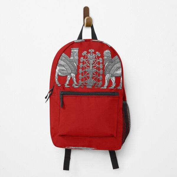 Item preview, Silver Assyrian Winged Lion and Winged Bull - Lumasi with Tree of Life over Red Canvas designed and sold by Serge Averbukh Art Studio.