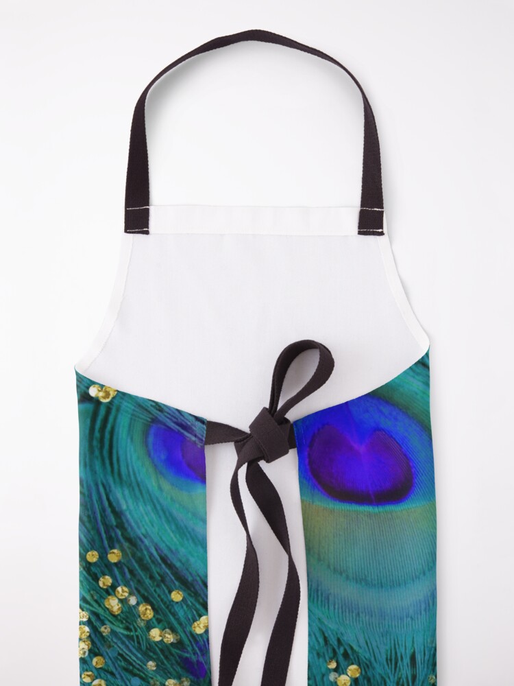 Alternate view of Dreamy peacock feathers, teal and purple, glimmering gold Apron