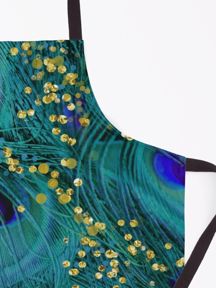Alternate view of Dreamy peacock feathers, teal and purple, glimmering gold Apron