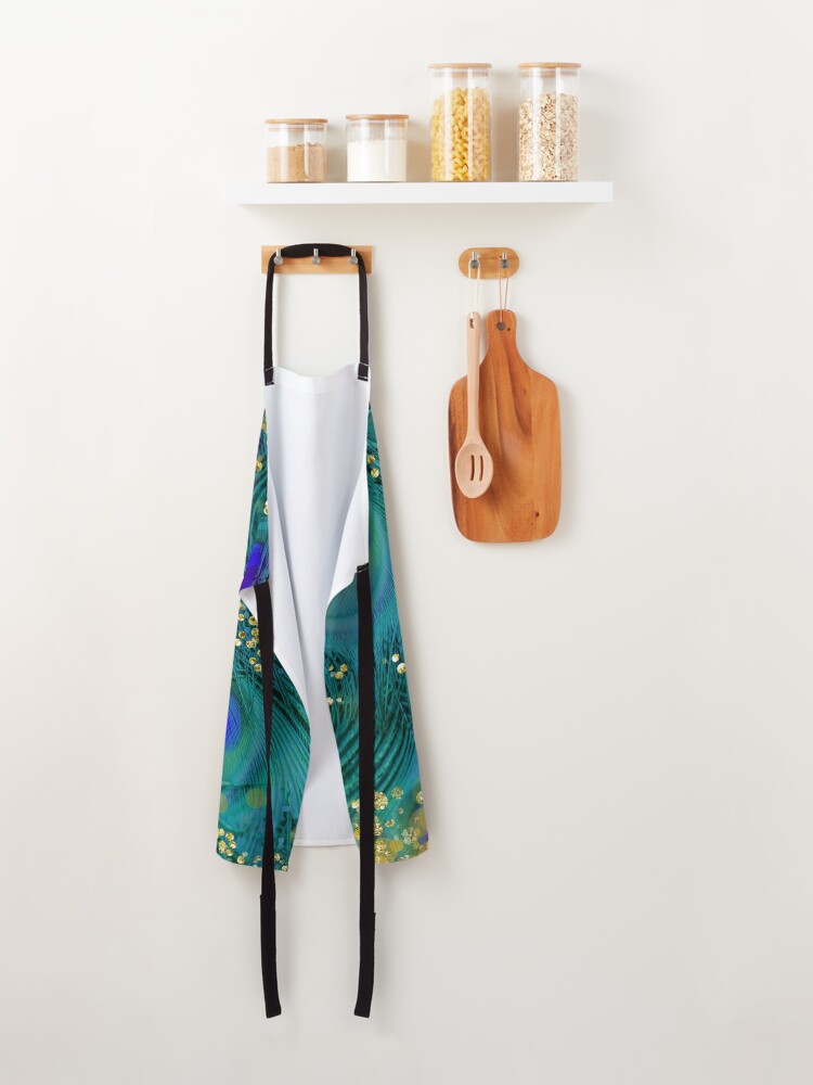Alternate view of Dreamy peacock feathers, teal and purple, glimmering gold Apron