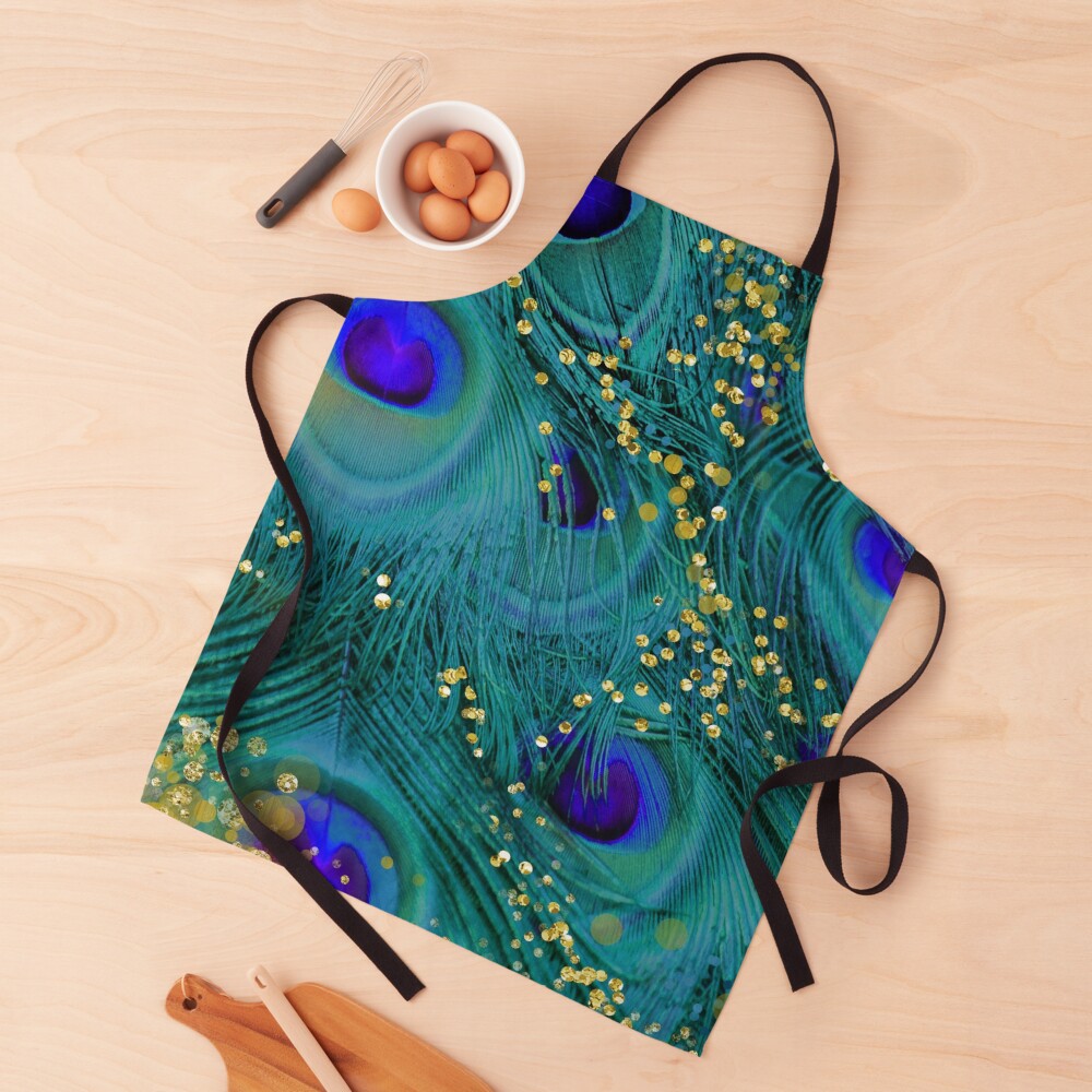 Dreamy peacock feathers, teal and purple, glimmering gold Apron