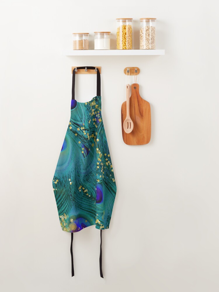 Alternate view of Dreamy peacock feathers, teal and purple, glimmering gold Apron