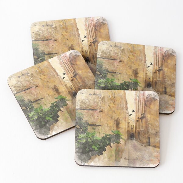 Item preview, Medieval Narrow Street Tall Buildings Coach Watercolor designed and sold by miraminerva09.