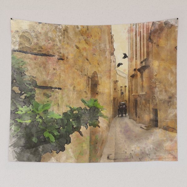 Item preview, Medieval Narrow Street Tall Buildings Coach Watercolor designed and sold by miraminerva09.