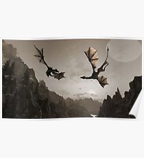 Two dragons flying over the mountain Poster