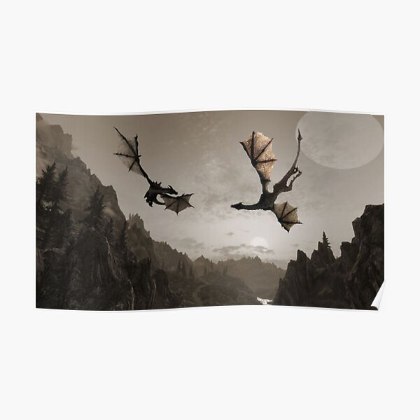 Two dragons flying over the mountain Poster