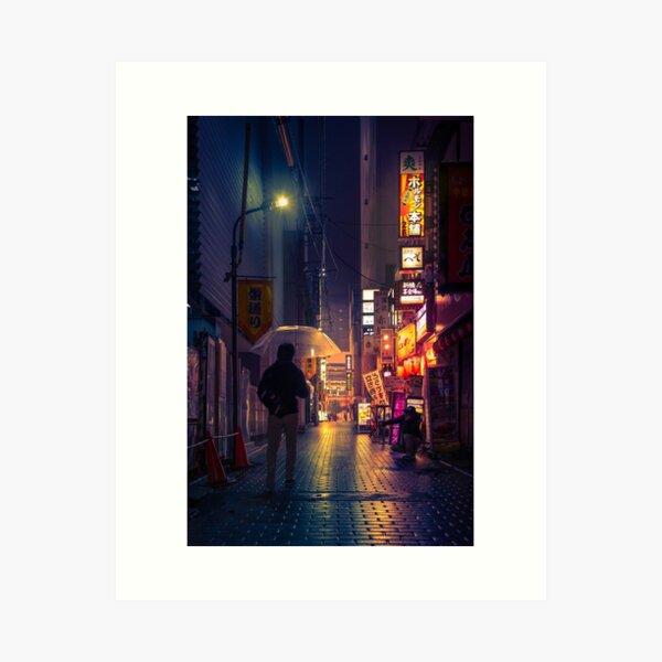 Neon Noir Street Reflecting the warm yellow and orange light from the bar area. Art Print