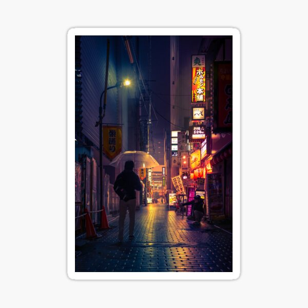 Neon Noir Street Reflecting the warm yellow and orange light from the bar area. Sticker