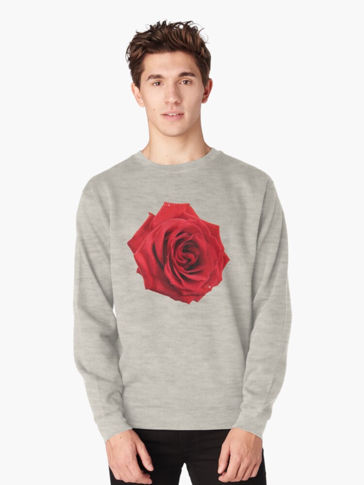 white sweater with red roses