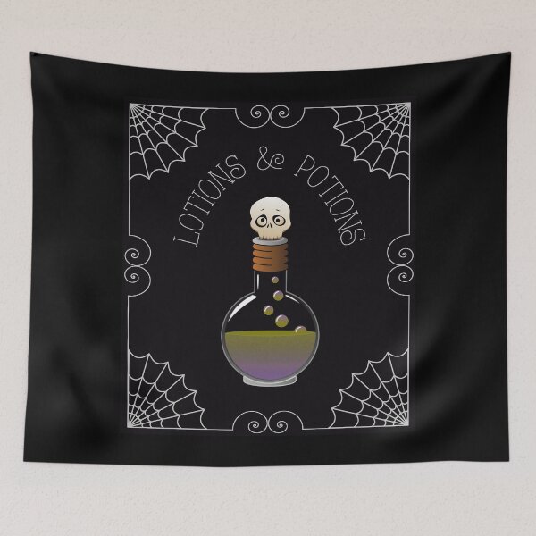 Item preview, Halloween apothecary bottle with skull stopper, green and purple potion bubbling to the surface. Surrounded by spiderweb. designed and sold by DoodleBugDigits.
