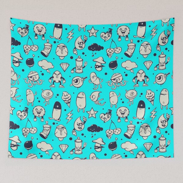 Item preview, Cute Doodle monster characters with blue background pattern designed and sold by smARTwork.