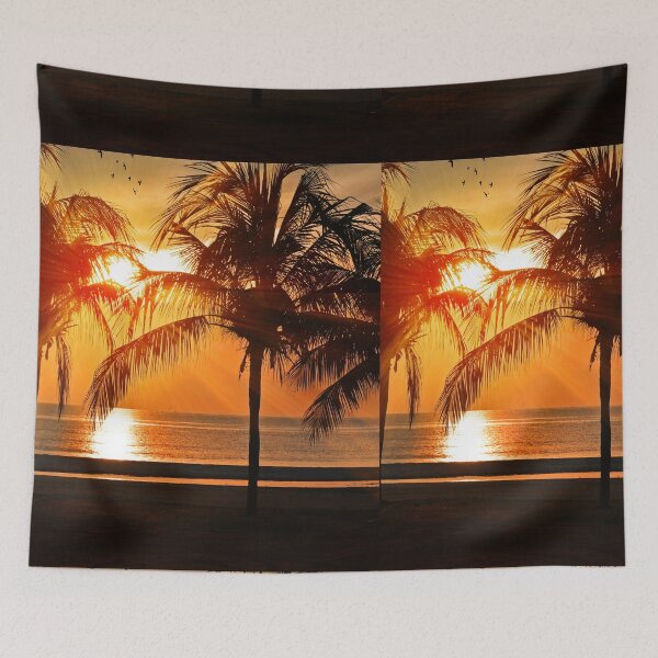 Item preview, Sunset Over The Beach, beach sun through trees with ocean in the background and birds flying landscape.  designed and sold by cathelkav.