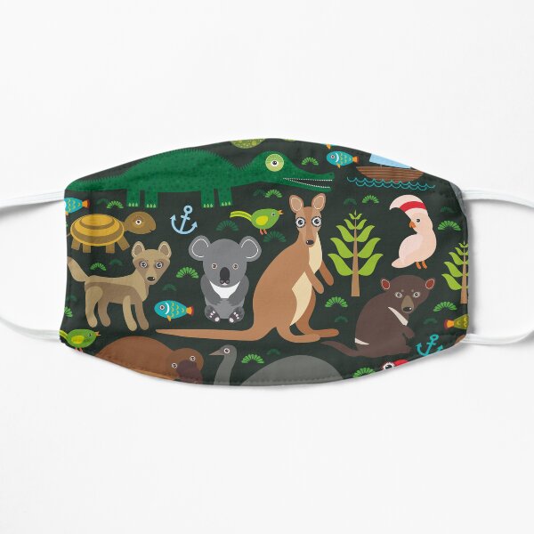 Funny australian animals Echidna Platypus ostrich Emu Tasmanian devil Cockatoo parrot Wombat snake turtle crocodile kangaroo dingo octopus fish. Seamless pattern on dark background. Flat Mask