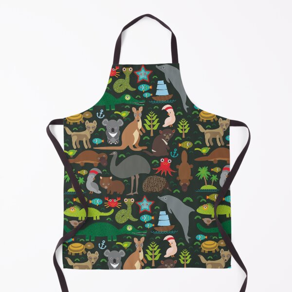 Funny australian animals Echidna Platypus ostrich Emu Tasmanian devil Cockatoo parrot Wombat snake turtle crocodile kangaroo dingo octopus fish. Seamless pattern on dark background. Apron