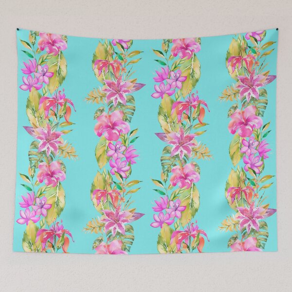 Item preview, Luscious Jungle Flower And Leaf Stripes on Turquoise designed and sold by artsandsoul.
