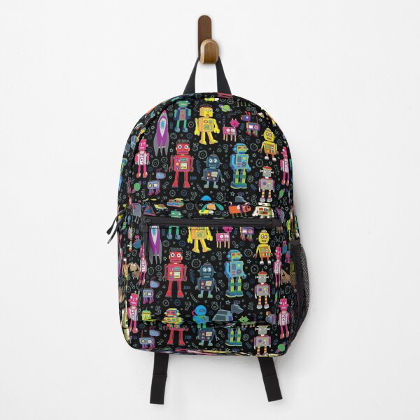 Robots in Space - black - fun pattern by Cecca Designs Backpack