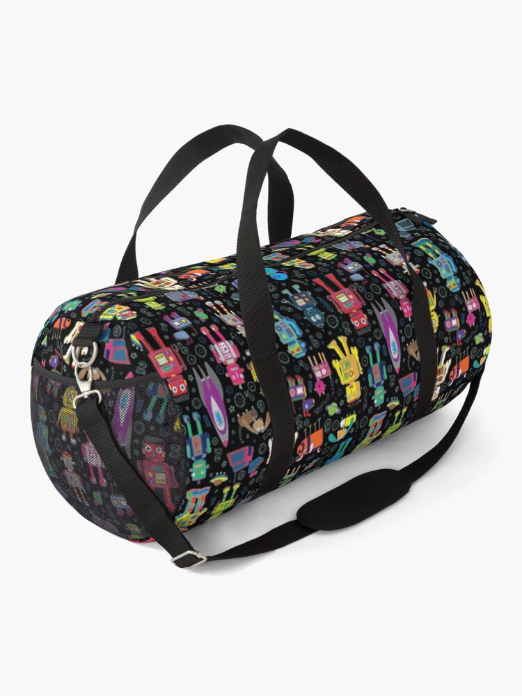 Alternate view of Robots in Space - black - fun pattern by Cecca Designs Duffle Bag