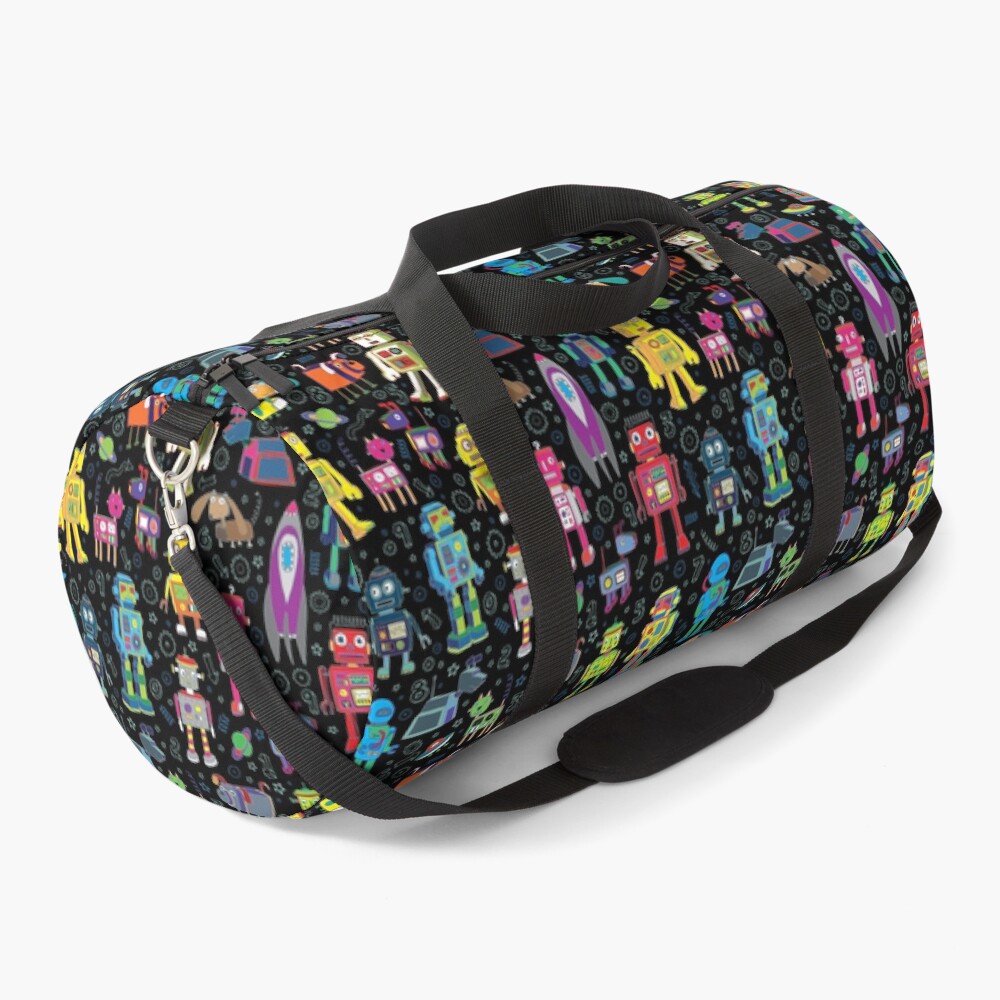 Robots in Space - black - fun pattern by Cecca Designs Duffle Bag