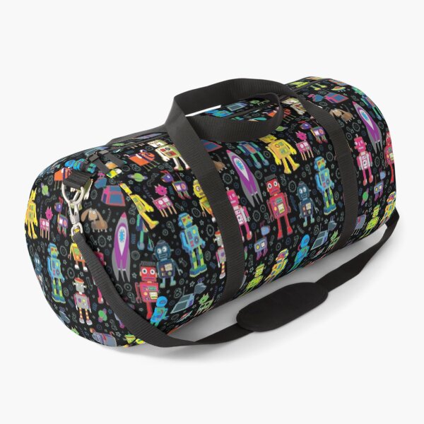 Robots in Space - black - fun pattern by Cecca Designs Duffle Bag
