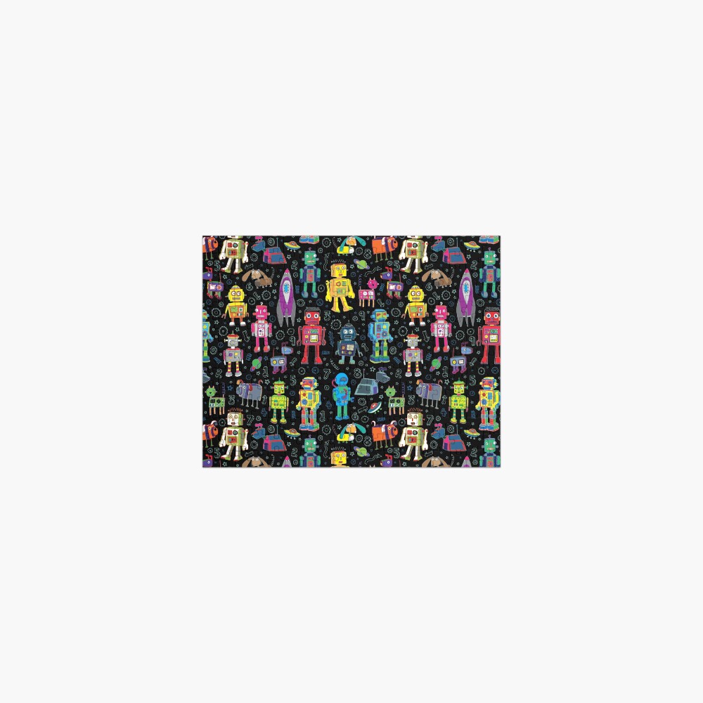 Robots in Space - black - fun pattern by Cecca Designs Jigsaw Puzzle