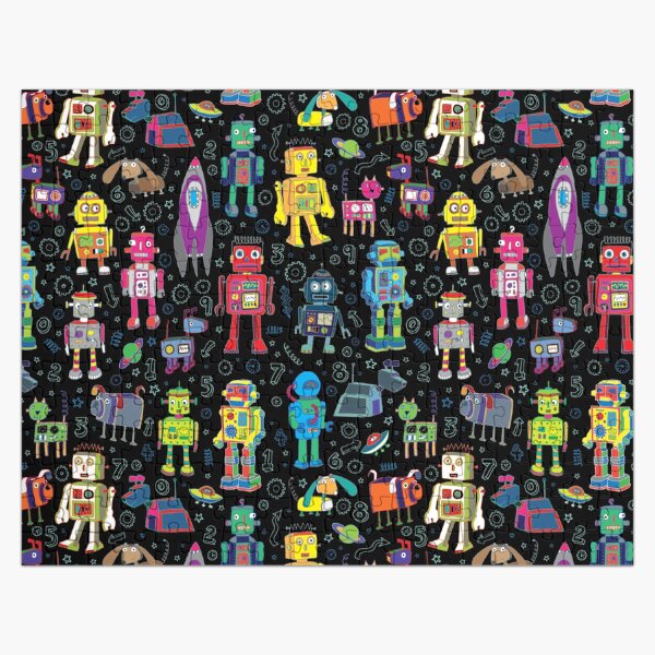 Robots in Space - black - fun pattern by Cecca Designs Jigsaw Puzzle