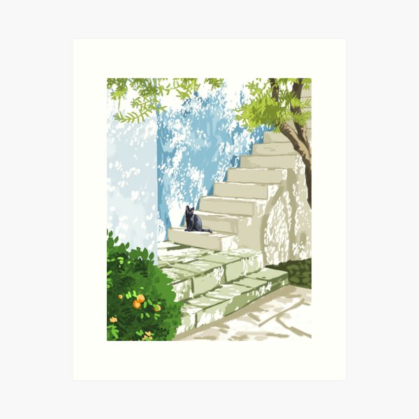 Item preview, Black cat on the steps Poster, Greece Santorini summer travel pet painting designed and sold by 83oranges.