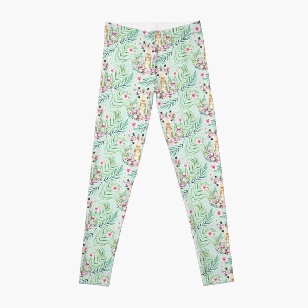 Cute Friends Giraffe With Leaves And Flowers On Green Background Leggings