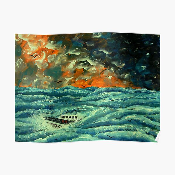 Boat in Rough Seas Poster